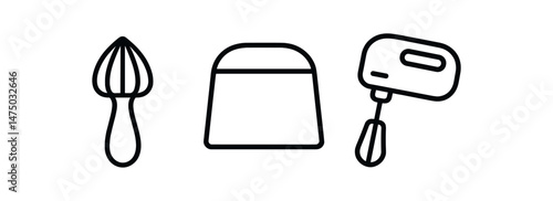 Kitchen utensils: juicer, grater, and hand mixer icons in black outline