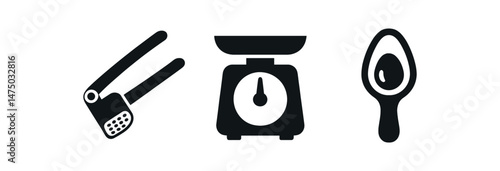 Kitchen tool icons: garlic press, weighing scale, measuring spoon symbols in black and white