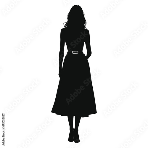 Elegant Silhouette of a Woman in a Midi(Belted Waist) Dress/A stylish, full-length silhouette of a woman wearing a midi dress and heels.