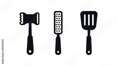 Black silhouette kitchen utensils collection with tenderizer grater spatula