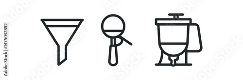 Line art icons of funnel, magnifying glass, and blender in black on white background