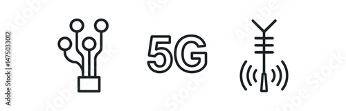 5g network icons: technology symbols of antenna, signal, connectivity