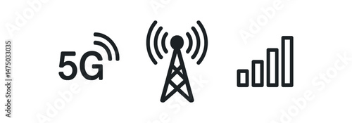 5g network tower signal icon set with wireless and connectivity symbols