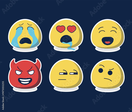 Emoji: sadness, lust (passion), joy, anger, envy, doubt (disappointment) on a dark blue background, vector