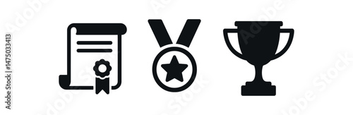 Certificate, medal, and trophy icons symbolizing achievement and success