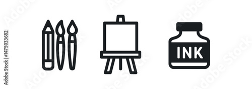 Art supplies icon set: pencils, brushes, easel, ink bottle
