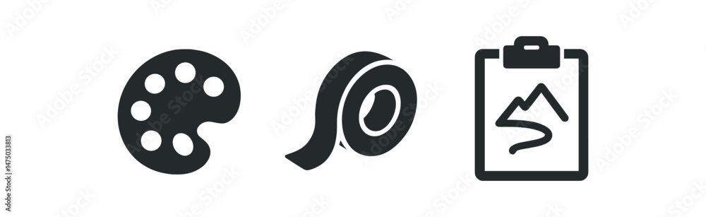 Monochrome icons: paint palette, tape roll, drawing clipboard symbols Monochrome icons: paint palette, tape roll, drawing clipboard symbols