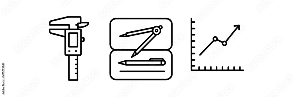 Caliper and engineering tools with graph, symbols of precision and growth Caliper and engineering tools with graph, symbols of precision and growth