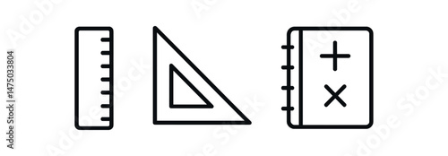Minimalistic icons of ruler, triangle, and math notebook on white background