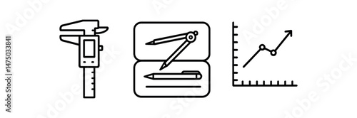 Caliper and engineering tools with graph, symbols of precision and growth