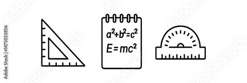 Mathematical instruments: triangle ruler, notebook, protractor icons in black and white