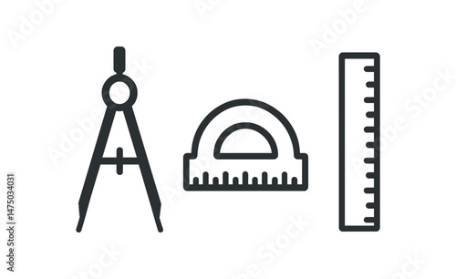 Geometry tools: compass, protractor, ruler line icons for mathematics and design