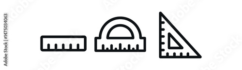 Black line icons of ruler, protractor, and set square for geometry and math tools