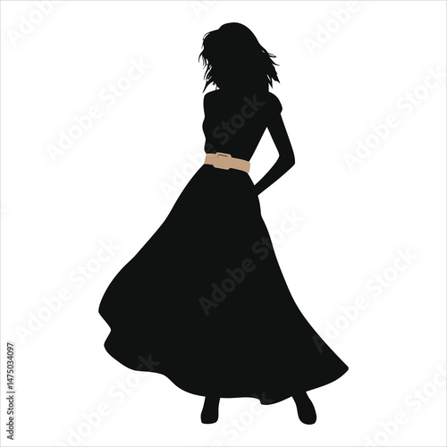 Vector Silhouette of a Woman in a Long (Belted Waist )Dress/A stylish silhouette of a woman wearing a long, flowing dress and a tan belt.