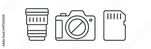 Outline of camera, lens, and memory card - photography essentials