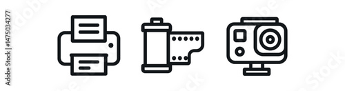Black and white icons of printer, film roll, and camera