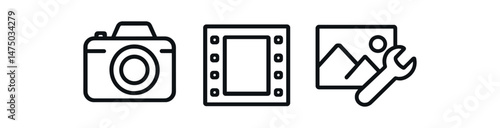 Camera icon, film strip, and image editing tool symbols in black and white