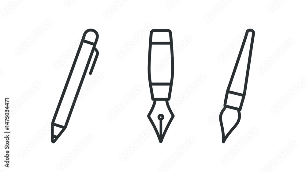 Tools for writing and art: pen, nib, and brush line drawing Tools for writing and art: pen, nib, and brush line drawing