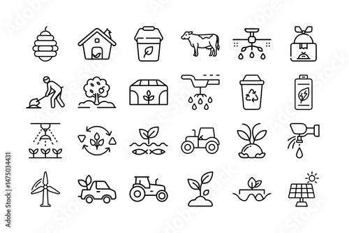Eco Farm and Sustainable Agriculture Vector Icon Set Organic Farming, Irrigation Systems, Renewable Energy, Livestock, Recycling, Green Technology, and Eco-Friendly Food Production Symbols in icon