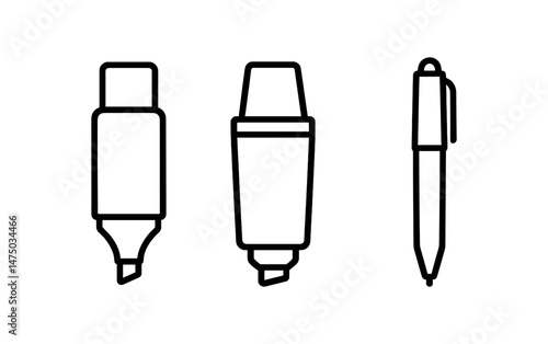 Outline of three writing instruments: profile and front view of highlighters and pen