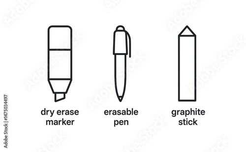 Line art of dry erase marker, erasable pen, and graphite stick