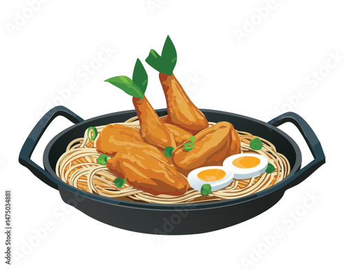 Traditional Chicken Ramen with Boiled Egg - Vector Illustration