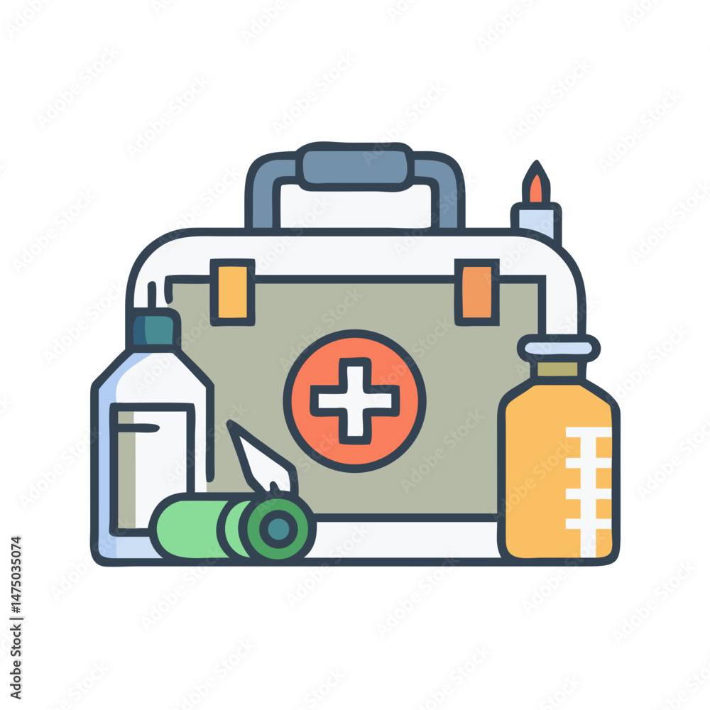 Fototapeta premium Military medical kit icon with various field supplies in flat style