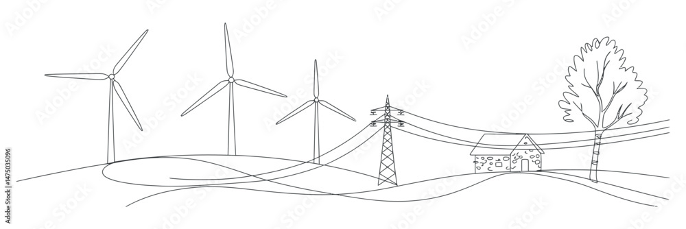 Obraz premium Rural Landscape with Wind Turbines Power Lines and House