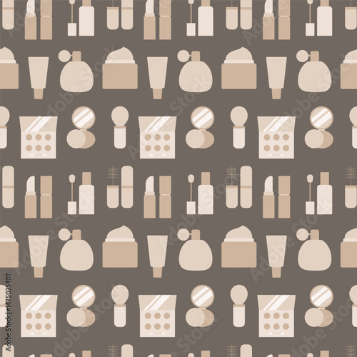 A seamless pattern of cosmetic accessories, including lipsticks, perfume bottles, cream jars, makeup powder boxes with mirrors, brushes and tubes of skin care products, designed in soft beige tones