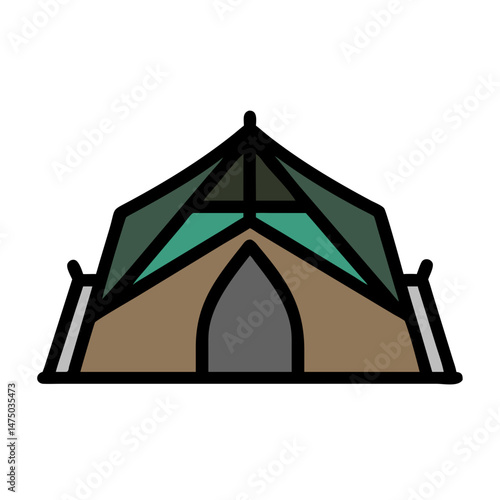 Military camping tent icon in green and brown colors