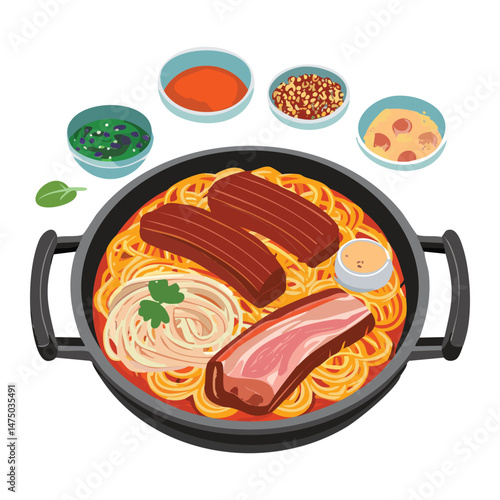  marinated pork belly with ramen noodles hotpot with side dish - vector illustration