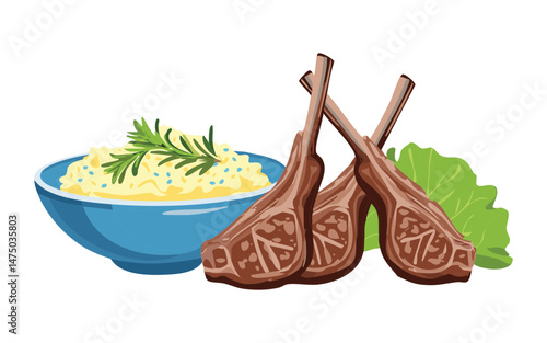 Grilled Lamb with Rosemary and Creamy Potatoes - Vector Illustration