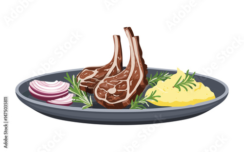 Herb-crusted lamb with Onion and Potato Mash - Vector Illustration