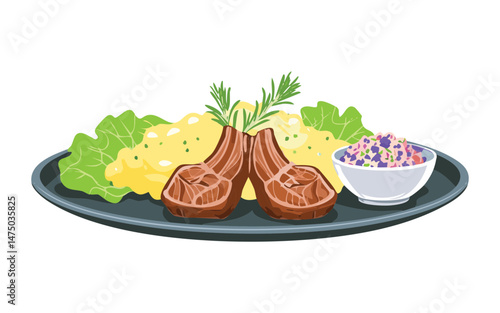 Juicy Lamb Chops with Salad and Potatoes - Vector Illustration