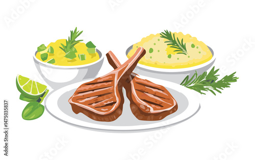 Roasted Lamb Chops with Yellow Potato Mash - Vector Illustration