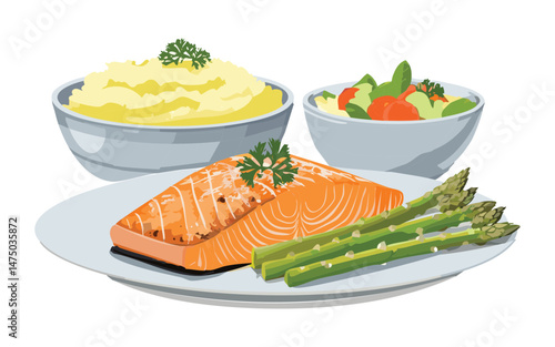 Grilled Salmon with Asparagus and Mashed Potatoes and Salad - Vector Illustration