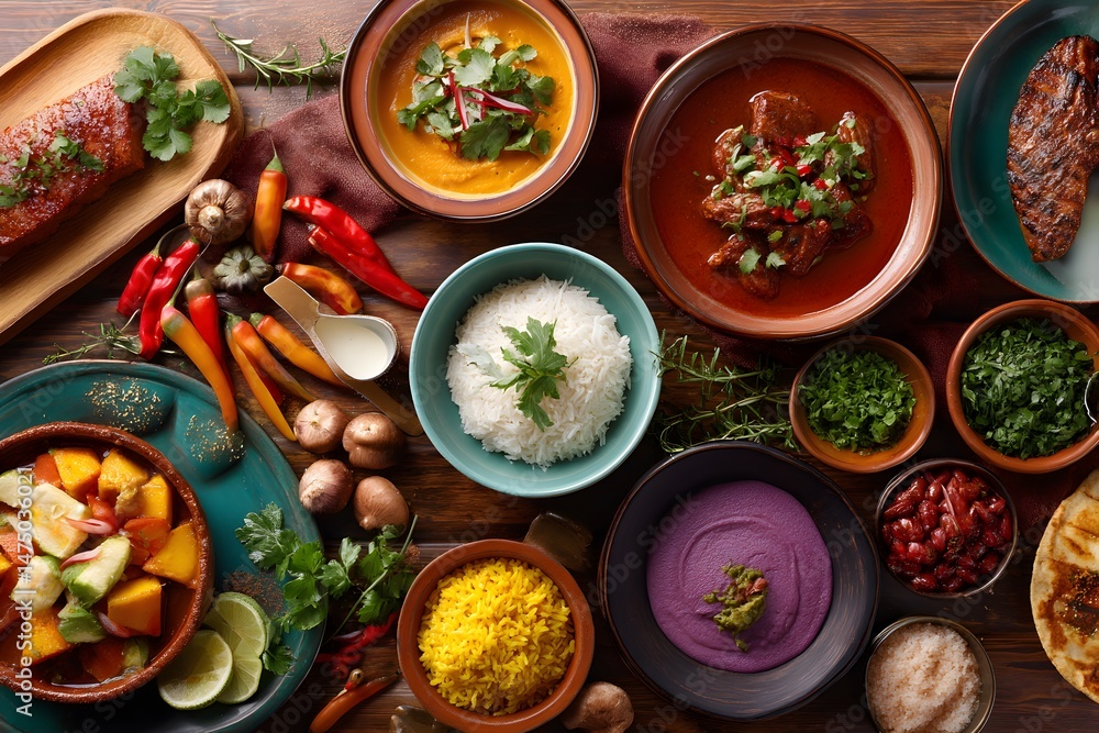 custom made wallpaper toronto digitalAn inviting overhead view of a colorful array of delicious dishes showcasing diverse ingredients and vibrant presentation.