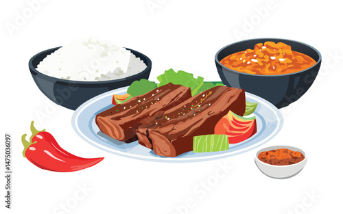 Tender Beef Ribs with Rice Meal - Vector Ilustration