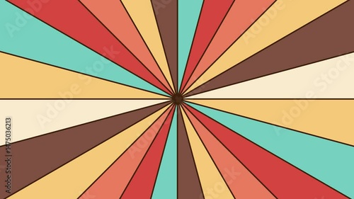 Animated loop groovy 70s 60s style background of red green yellow sunbeams stripes. Sun rays light pop art. Motion graphic shape animation.