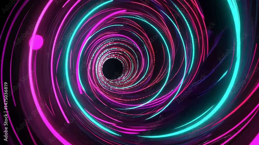 Swirling neon light trails form a vibrant vortex tunnel against a dark backdrop Swirling neon light trails form a vibrant vortex tunnel against a dark backdrop