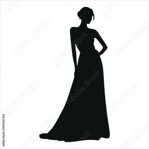 Vector Silhouette of a Woman in a  Halter Neck Long Gown/A sophisticated silhouette of a woman wearing a long, flowing gown.