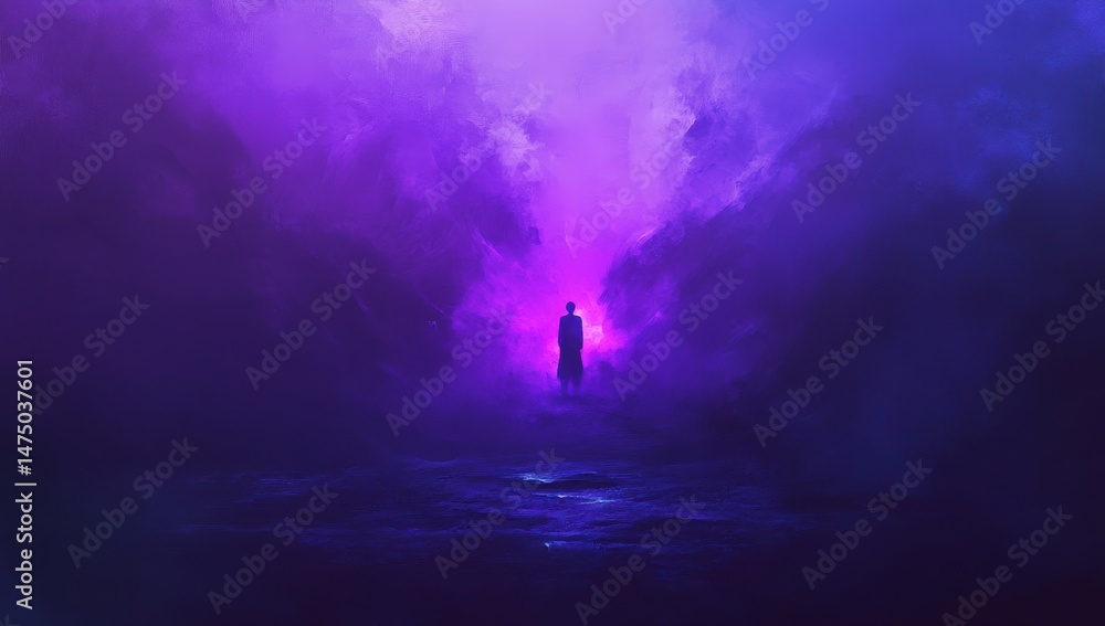 Silhouetted figure in a mystical, vibrant landscape of swirling purple and violet clouds, with a glowing center. A dark, cloaked figure stands amidst the ethereal scenery Silhouetted figure in a mystical, vibrant landscape of swirling purple and violet clouds, with a glowing center. A dark, cloaked figure stands amidst the ethereal scenery