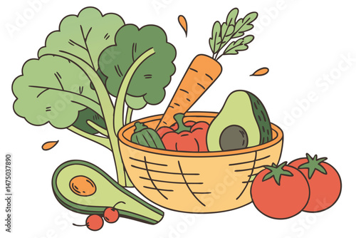 87 a vibrant still life composition of fresh, colorful vegetables and fruits, including broccoli, carrots, peppers, avocado, tomatoes, and more, arranged in a natural, organic manner, with a crisp, cl