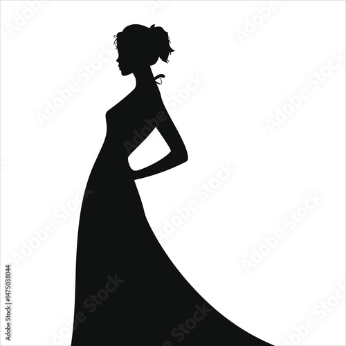 Vector Silhouette of a Woman in a  Halter Neck Long Gown/A stylish silhouette of a woman in a long gown, presented against a plain, white background.