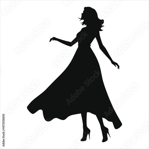 Vector Silhouette of a Woman in a Flowing  High-Low Hem Dress/A sophisticated black and white silhouette of a woman in a flowing, elegant dress, possibly in motion or poised for a graceful moment.