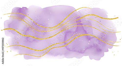 Abstract art featuring a soft purple watercolor wash adorned with elegant gold lines and subtle glitter. Isolated on white or transparent background