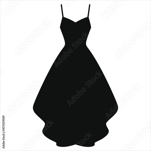 Elegant Black High-Low Hem Evening Dress Vector Silhouette Against a White Background/A simple, elegant silhouette of a black evening dress with spaghetti straps.