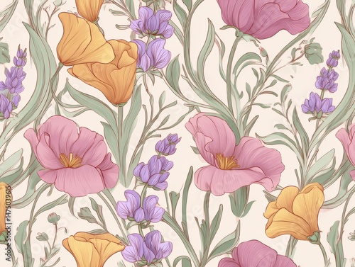 Beautiful floral pattern featuring colorful flowers and delicate leaves on a soft background