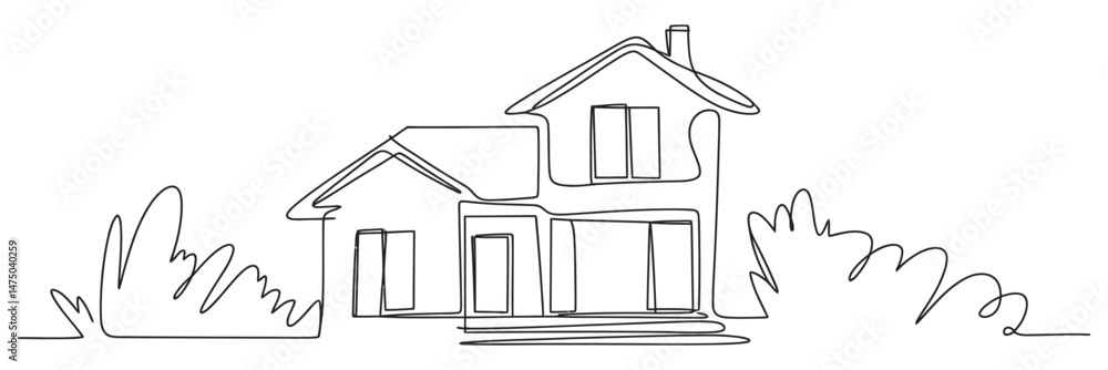 Fototapeta premium Single Line Drawing of a Two Story House with Bushes