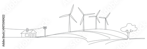Continuous Line Drawing of Wind Turbines Rural Landscape